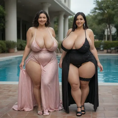 two 40 year old woman, two woman, very tall woman, large waist area, (two tall large thigh bbw woman:1.7), saggy breasts, (big saggy breasts:1.5), wide hips, round buttocks, (smiling:1.3), sexy, (Layers for Straight black Hair:1.4), full lips, full length, (They are wearing sexy dresses:1.8), (sexy large cleavage area:1.6), laugh out loud, Casual, (black lace panties:1.4), not nude, not naked, (bridal garter:1.4), Walking on the poolside, Casual poolside walk, Strolling along the poolside, poolside walk, Their face is looking at the viewer, eyes looking at the viewer