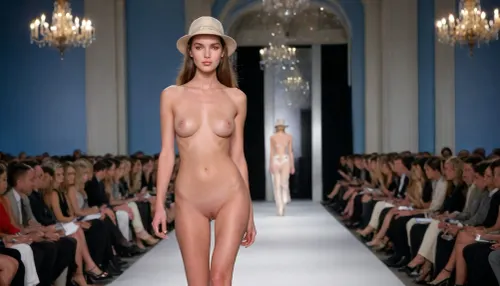 On a fashion show, female very pretty young tall slender fashion model, nude wearing only a haute cuture hat and platform heels, walking on runway, shaved pussy, long legs, busty, many spectators sitting on both sides of the runway, detailed face, detailed pussy, by P-S, by Young-mi Woo, by Monique Lhuillier, cinematic, perfect photography, <lora:493467_training_data:.9>