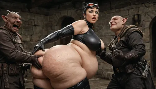 ((horny ugly goblins groping, grabbing and squeezing the obese fat ssbbw Catwoman in different position, meaty breasts, hyper size ass, wide hips, big belly with folds of fat)), obese, (slight cellulite:1.3), . horny and blusing, perfect chubby double chin face, perfect eyes, focused eyes, perfect fingers, masterpiece, best quality, ultra realistic, high definition, sharp focus, high budget, cinemascope, moody, epic, gorgeous, film grain, grainy, score_9, score_8_up, score_7_up, catwoman in a tight suit, (one breast out), no panties. evil goblins groping the fat ssbbw cat woman at night in a museum, dressed as a catwoman, ass and tits covered, seductive pose, erect nipples, thick thighs, Goblin, Mage, Warrior, Shaman, Assassin, fighter, monster, creature, <lora:655889_training_data:.8>, cat woman gets her fat ass hard grabbed and squeezed by angry, evil goblins
side view