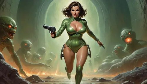 Richard Hescox style, full portrait view of a tempting and beautiful futuristic space maiden with huge breasts wearing a shiny suit and holding a rifle pistol with a horrified and shocked look on her face, she is running away from a giant glowing creature with a bulbous fluid eye, against the background of a dark and dank alien dungeon, by Adam Hughes, by Bill Ward, wide angle, super high angle, top view, bird's eye view, backglow, dynamic lighting, wet, greasy, green backlit, <lora:Richard Hescox Style:1>
