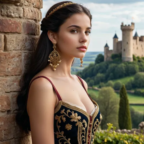 कालातीत लालित्य: मध्ययुगीन कपड़ों में 18 वर्षीय स्पेनिश लड़की का एक उच्च-रिज़ॉल्यूशन मास्टरपीस