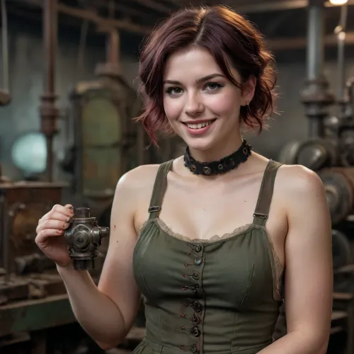 24 years old magic woman, (dark redbrown hair), short wild sporty messy hair, smile, freckles, thick thights, victorian lace dress with leather parts, (old machine factory:1.3), greygreen, purple, darkpink, steampunk style, working at machine, (dimly lit:1.5), warm lighting, (light like in old painting:1.5), hazy light, detailed skin texture, skin pores, detailed face, detailed nipples, sharp focus, photorealistic, hyperrealistic, high resolution, very detailed, 8k, RAW photo, highest quality, masterpiece, (Five fingers), (view from below:1.2), Perfect hands with perfect fingers