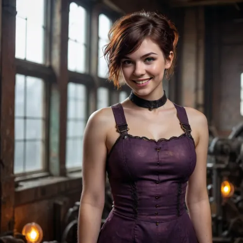 24 years old magic woman, (dark redbrown hair), short wild sporty messy hair, smile, freckles, thick thights, victorian lace dress with leather parts, (old machine factory:1.3), purple, darkpink, orange, steampunk style, working at lath, dirty face, (dimly lit:1.5), warm lighting, (light like in old painting:1.5), hazy light, detailed skin texture, skin pores, detailed face, detailed nipples, sharp focus, photorealistic, hyperrealistic, high resolution, very detailed, 8k, RAW photo, highest quality, masterpiece, (Five fingers), (view from below:1.2), Perfect hands with perfect fingers