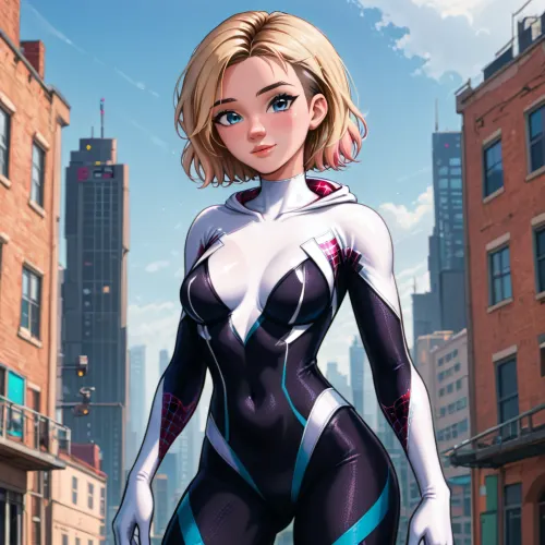 Gwen Stacey, spidey suit, masterpiece, best quality, 1girl, spiderverse, style, gwen, stacy, spidergwen, seductive look.