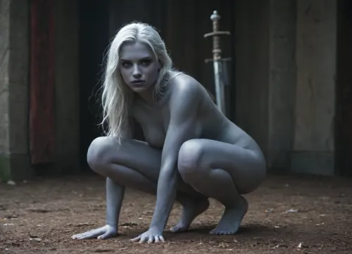 masterpiece, detailed, slender 40yo woman squatting, (dark blue skin:1.5), long white hair in a scrunchie, big red irises eyes, toned, naked, toned legs, arrogant look, feminine wide square face, blue lipstick, wide shot, medieval fantasy setting, whole body in frame, long toned legs, armor on her shoulders, sword in hand, bare feet, drow, <lora:RPGDrowXL:.5>