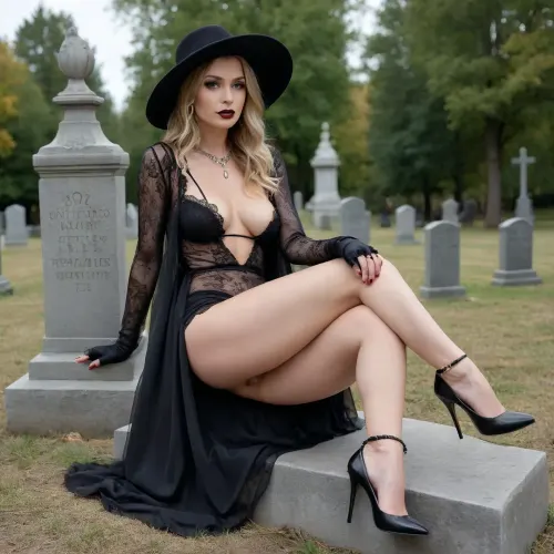 photo from afar of a dark cemetery lighthe from torches, full body hairy pussy view, perfect very long legs, 66 yo. elegant noble lady, very straight dark balayaged blond hair, wrinkled deanna troy, diamong necklace, diamond earrings, belly gold chain, sitting one leg apart on abonnet of a grave gravestone, under a long black wedding dress she is naked and show it, black large brimmed hat, black transparent detailed wedding dress, black hat, black wedding dress, black veil, long gloves, night satanic ritual, she has natural hairy pussy, wrinkled deanna troy face show her pussy, ugly face, sex hungry, dark lipstick spreaded legs, snake tattoo on the arch of one feet, anklet, legs on bonnet, outdoors, wrinkles on her neck, her wrinkles on face, she gently moves to one side dress to show hairy pussy, high heels