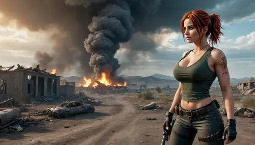 A woman with an athletic, sporty build stands at the forefront, exuding strength and determination. Her fair skin is marked with dirt and scratches from battle. Her striking red hair, slightly tousled, flows from beneath her helmet, adding a wild touch to her fierce presence. Her green or light brown eyes are sharply focused on the horizon, filled with resolve. Her sharp features—high cheekbones and a defined jawline—blend femininity with toughness, reflecting her status as a seasoned survivor. She wears a form-fitting, slightly wrinkled white shirt that emphasizes her bust, (75G), breasts Falling out Shirt, large, breasts, big, boobs, huge, tits, stained with sweat and dirt. The shirt’s sleeves are rolled up, showcasing her muscular arms. A dark tie loosely hangs around her neck, giving her a rugged, battle-ready look. Over her shirt, she wears a bulletproof vest, left open to emphasize her figure, balancing practicality with boldness. On her head is the iconic Level-3 helmet, scratched and dented from countless battles, a symbol of PUBG’s intense action. Strands of red hair escape from beneath it, adding individuality. Across her shoulder is a well-worn M416 assault rifle, showing signs of heavy use, ready for action. A frying pan hangs from her hip, its dark metallic shine symbolizing PUBG’s mix of humor and lethality. Her posture is dynamico, slightly crouched with one leg forward, poised to spring into action. Her hands rest on her weapon, ready for any threat. She stands as a symbol of strength and survival, prepared for whatever comes next in the unforgiving world of PUBG. The background is a desolate battlefield, the ground cracked and dusty, scattered with debris from past firefights. Craters, wreckage, and abandoned weapons litter the area. Thick smoke rises from distant burning vehicles and collapsed buildings. A wrecked Dacia 1300 and a damaged motorcycle lie abandoned, adding to the chaos. Broken walls and ruins spread across the landscape, reinforcing the apocalyptic nature of the environment. The sky is filled with storm clouds, casting shadows over the battlefield, while rays of light break through, highlighting the devastation below. The color palette is gritty, dominated by shades of gray, brown, and ash, underscoring the harsh world. Bright orange explosions and the fiery red glow of fires contrast with the somber colors, adding drama. Dust and smoke swirl through the air, enhancing the chaos. The ground is littered with ammo, discarded weapons, and twisted metal, emphasizing the ongoing battle. Above the scene, the iconic PUBG logo in bold yellow stands out against the dark backdrop, symbolizing the core theme of survival. The woman, strong and determined, perfectly embodies the spirit of PUBG—fighting to survive in a brutal world, <lora:bombshell_v2:2>