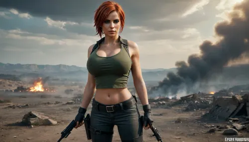 A woman with an athletic, sporty build stands at the forefront, exuding strength and determination. Her fair skin is marked with dirt and scratches from battle. Her striking red hair, slightly tousled, flows from beneath her helmet, adding a wild touch to her fierce presence. Her green or light brown eyes are sharply focused on the horizon, filled with resolve. Her sharp features—high cheekbones and a defined jawline—blend femininity with toughness, reflecting her status as a seasoned survivor. She wears a form-fitting, slightly wrinkled white shirt that emphasizes her bust, (75G), breasts Falling out Shirt, large, breasts, big, boobs, huge, tits, stained with sweat and dirt. The shirt’s sleeves are rolled up, showcasing her muscular arms. A dark tie loosely hangs around her neck, giving her a rugged, battle-ready look. Over her shirt, she wears a bulletproof vest, left open to emphasize her figure, balancing practicality with boldness. On her head is the iconic Level-3 helmet, scratched and dented from countless battles, a symbol of PUBG’s intense action. Strands of red hair escape from beneath it, adding individuality. Across her shoulder is a well-worn M416 assault rifle, showing signs of heavy use, ready for action. A frying pan hangs from her hip, its dark metallic shine symbolizing PUBG’s mix of humor and lethality. Her posture is dynamico, slightly crouched with one leg forward, poised to spring into action. Her hands rest on her weapon, ready for any threat. She stands as a symbol of strength and survival, prepared for whatever comes next in the unforgiving world of PUBG. The background is a desolate battlefield, the ground cracked and dusty, scattered with debris from past firefights. Craters, wreckage, and abandoned weapons litter the area. Thick smoke rises from distant burning vehicles and collapsed buildings. A wrecked Dacia 1300 and a damaged motorcycle lie abandoned, adding to the chaos. Broken walls and ruins spread across the landscape, reinforcing the apocalyptic nature of the environment. The sky is filled with storm clouds, casting shadows over the battlefield, while rays of light break through, highlighting the devastation below. The color palette is gritty, dominated by shades of gray, brown, and ash, underscoring the harsh world. Bright orange explosions and the fiery red glow of fires contrast with the somber colors, adding drama. Dust and smoke swirl through the air, enhancing the chaos. The ground is littered with ammo, discarded weapons, and twisted metal, emphasizing the ongoing battle. Above the scene, the iconic PUBG logo in bold yellow stands out against the dark backdrop, symbolizing the core theme of survival. The woman, strong and determined, perfectly embodies the spirit of PUBG—fighting to survive in a brutal world, <lora:bombshell_v2:2>, longnips, <lora:longnipsxl:.5>