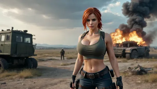 A woman with an athletic, sporty build stands at the forefront, exuding strength and determination. Her fair skin is marked with dirt and scratches from battle. Her striking red hair, slightly tousled, flows from beneath her helmet, adding a wild touch to her fierce presence. Her green or light brown eyes are sharply focused on the horizon, filled with resolve. Her sharp features—high cheekbones and a defined jawline—blend femininity with toughness, reflecting her status as a seasoned survivor. She wears a form-fitting, slightly wrinkled white shirt that emphasizes her bust, (75G), breasts Falling out Shirt, large, breasts, big, boobs, huge, tits, stained with sweat and dirt. The shirt’s sleeves are rolled up, showcasing her muscular arms. A dark tie loosely hangs around her neck, giving her a rugged, battle-ready look. Over her shirt, she wears a bulletproof vest, left open to emphasize her figure, balancing practicality with boldness. On her head is the iconic Level-3 helmet, scratched and dented from countless battles, a symbol of PUBG’s intense action. Strands of red hair escape from beneath it, adding individuality. Across her shoulder is a well-worn M416 assault rifle, showing signs of heavy use, ready for action. A frying pan hangs from her hip, its dark metallic shine symbolizing PUBG’s mix of humor and lethality. Her posture is dynamico, slightly crouched with one leg forward, poised to spring into action. Her hands rest on her weapon, ready for any threat. She stands as a symbol of strength and survival, prepared for whatever comes next in the unforgiving world of PUBG. The background is a desolate battlefield, the ground cracked and dusty, scattered with debris from past firefights. Craters, wreckage, and abandoned weapons litter the area. Thick smoke rises from distant burning vehicles and collapsed buildings. A wrecked Dacia 1300 and a damaged motorcycle lie abandoned, adding to the chaos. Broken walls and ruins spread across the landscape, reinforcing the apocalyptic nature of the environment. The sky is filled with storm clouds, casting shadows over the battlefield, while rays of light break through, highlighting the devastation below. The color palette is gritty, dominated by shades of gray, brown, and ash, underscoring the harsh world. Bright orange explosions and the fiery red glow of fires contrast with the somber colors, adding drama. Dust and smoke swirl through the air, enhancing the chaos. The ground is littered with ammo, discarded weapons, and twisted metal, emphasizing the ongoing battle. Above the scene, the iconic PUBG logo in bold yellow stands out against the dark backdrop, symbolizing the core theme of survival. The woman, strong and determined, perfectly embodies the spirit of PUBG—fighting to survive in a brutal world, <lora:bombshell_v2:2>, longnips, <lora:longnipsxl:.5>