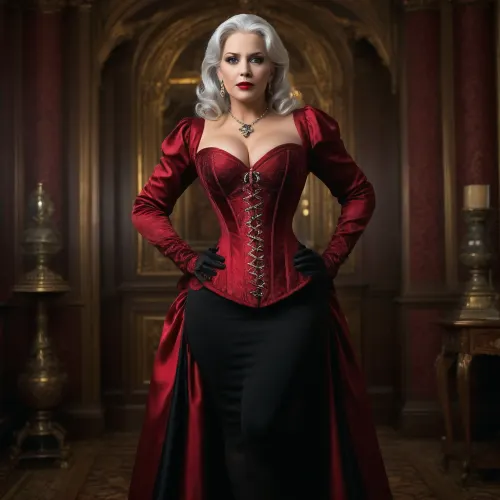 1woman, (Solo, 65 yo, tall, silver hair, victorian mistress, (((huge xxxl tits))), red lipstick, heavy eye shadow, O cup breasts, black high heels, (wearing ornate dark red corset:1.5), full sleeve dark red opera gloves, hourglass body shape, wide hips, very long legs, standing, deep cleavage)