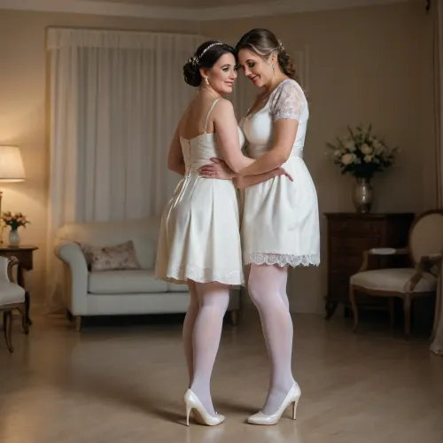 two characters, a 45-year-old mature bride with voluptuous breasts in a long wedding dress and white stockings stands in the center of the room, a young maid in a short skirt and blouse stands behind the bride and hugs her, stilettos, smiling easily, light makeup, full-length, dim light, side view