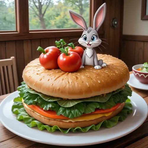<lora:estheticFutanariTrap_tr39:.3>, still life, closeup, ((anime)), ((in the style of Warner Bros. Bugs Bunny)), green eyes, interior rustic cabin in a forest, small maple dining table, ((pastel colored woven place mats)), ((1iridescent pastel plate)), ((focus, upon the plate lies a ham sandwich complete with lettuce and tomato slices)), on the side is a pickle and a small pile of potato chips, a clear glass half filled with water adjacent, soft winter light thru large multi-light windows, cozy ambience