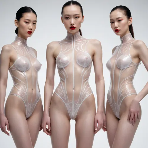three chinese fashion models with pale skin is showcased wearing an white avant-garde bodysuit, drawing inspiration from Iris van Herpen’s complex, intricate designs and Ross Lovegrove’s futuristic style. The bodysuit is crafted from transparent and clear materials, constructed with an elegant, sophisticated structure. Set against a pristine, clean white background, the image focuses sharply on the model, emphasizing the details of the bodysuit. The rendering aims for a hyper-detailed, high-resolution effect, employing techniques to achieve a photorealistic, hyper-realistic look that captures the fine textures and subtleties of the materials and design., ((heavy make-up with red lipstick))