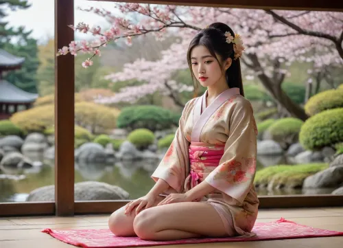 stunningly gorgeous 18 year old Japanese girl, petite, shorty, skinny, slender, narrow waist, (traditional Japanese hair style, flowers:1.3), (intricately detailed kimono:1.4), no underwear, sitting in th lotus position with hands on her knees in front of me, eyes closed, serene face, (in a traditional Japanese pavillion:1.2), (panoramic view of a classic Japanese garden in the background:1.3)