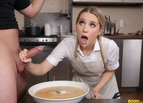 beautiful waitres is jerking coock's penis over soup kettle in restaurant kitchen, cumshot on food, semen blastin out from penis, massive ropes of cum, masterpiece, photorealistic, shocked