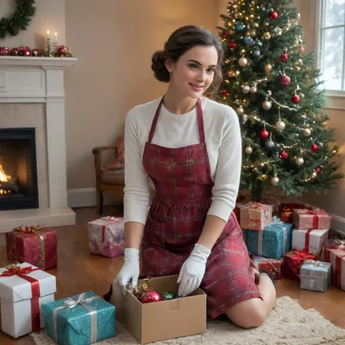 A charming, simple 1950's housewife in a red-and-white checked apron standing in a cozy, well-lit living room that still holds the warm glow of the festive season. Her hair is neatly tucked into a soft bun, and she wears a gentle smile as she carefully dismantles the Christmas tree. The tree, now slightly bare, still has a few twinkling lights and strands of tinsel clinging to its branches. The floor around her is scattered with an assortment of colorful ornaments and a few stray pine needles, hinting at the joyful chaos of the recent holiday. In the foreground, a large, open cardboard box with the word "Ornaments" scribbled on it in faded ink waits patiently to receive the treasured items. She holds a delicate glass ornament in her gloved hand, pausing for a moment to admire its shine before gently placing it into the box, which is already filled with a mix of vintage and homemade decorations wrapped in tissue paper. The room's decor reflects the era with its mid-century furniture, a black-and-white TV in the corner, and a wooden radio playing a soft melody of Christmas carols. The overall atmosphere is one of peacefulness and contentment as she completes this annual post-holiday task, preserving the magic of the season for the next year. BREAK, realistic skin texture, ac_neg1, epic realism, dynamic rear angle, dynamic pose, <lora:xl_more_art-full_v1:.8>, detailxl, photo-realistic, highly detailed, high detail RAW color art, diffused soft lighting, sharp focus, hyperrealism, (ultra highres:1.2), 8k, UHD, high quality, realistic photo, (best quality:1.5), highly complex, perfect shadows, (masterpiece:1.2), (lifelike photography:1.2), (perfect lighting:1.2), (ultra-realistic detail:1.2), (8k resolution:1.2), (high resolution:1.2), (high definition:1.2), (ultra-detailed:1.2), (professional photography:1.2), (perfect illumination:1.2), (realistic shadow:1.2), (photorealistic:1.2), (depth of view:1.2), (hyper-detailed:1.2), (intricately detailed:1.2), (triadic colors:1.2), (deep color:1.2), (intricate detail:1.2), (complementary colors:1.2), (symmetrical:1), (HD:1.2), (512x768 pixels:1.2), (High definition:1.2), 8K quality, ultra quality, realistic skin, realistic, photorealism, filigree, highest quality, uhd, ultra realistic, photorealistic, dslr, kodachrome, (hyper realistic), (realistic), best lighting, perfect illumination, (best illumination)