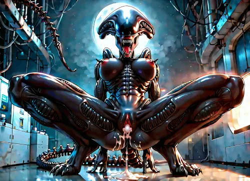 bottom view, Horror style, night, laboratory, solo, squatting, small size, love, happy, shackles, dlss, RTX, ((mommy, anthro xenomorph girl, mommy anthro female xenomorph)), Mouth open, tongue out, spread legs wide, open vagina, masturbating, cum, orgasm, creampie, uberfit, muscular, athletic, vaginal, <lora:189654_training_data:.8>, <lora:early621-000002:1.2>, <lora:uberfit_lora_sdxl:1>