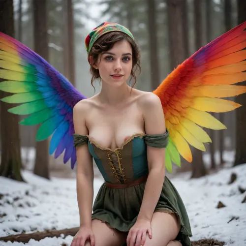 26 years old magic woman, (dark redbrown hair), short wild sporty messy hair, smile, freckles, (thick thights:1.3), mountains, forest, (young woman elf with two big angelwings in rainbow colors), colorful victorian lace dress, wet clothes, mud on face, kneeling in mud, (snowing:1.3), light shining from behind through her wings, (wool cap), (nipples visible:1.3), (dimly lit:1.5), warm lighting, (light like in old painting:1.6), detailed skin texture, skin pores, detailed face, detailed nipples, sharp focus, photorealistic, hyperrealistic, high resolution, very detailed, 8k, RAW photo, highest quality, masterpiece