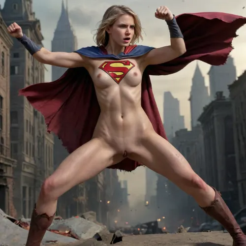 A completely naked, busty Supergirl in a tattered cape, fighting monsters against the backdrop of a dilapidated, embattled metropolis zdyna_pose, fight, stance, drunken, fist, high, kick, split, Dark, Fantasy, page, <lora:!action-sdxl-V0.5:.7>, <lora:nudity_v02_i1300:.7>, <lora:drunken-fist03:1.3>, <lora:Dark Fantasy:.8>