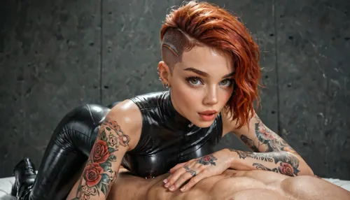 beautiful natural redhead with undercut pixie haircut and pierced nipples and large tattoos on hands, ((high black boots, skin tight clothes)), ((sex)), beautiful eyes, anatomically correct eyes, seductive