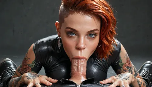 beautiful natural redhead with undercut pixie haircut and pierced nipples and large tattoos on hands, ((high black boots, skin tight unzipped clothes)), ((deep blow job, deep throat)), beautiful eyes, anatomically correct eyes, seductive