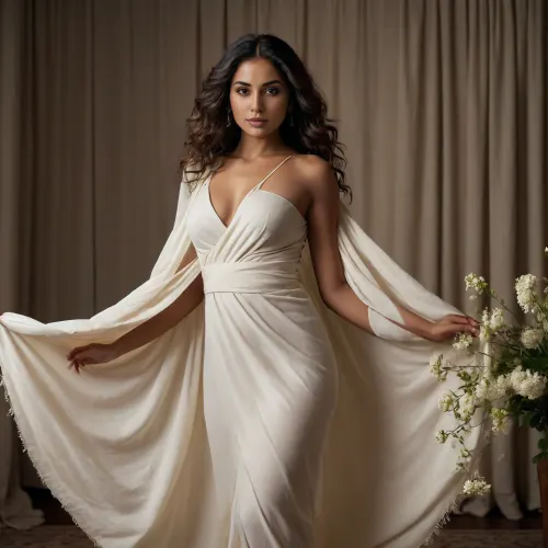 An Indian woman with warm brown skin stands in a dimly lit room, wrapped in a single piece of soft, flowing cloth that drapes loosely around her body. The fabric gently hugs her curves, leaving her shoulders and legs exposed. Her thick hair is styled in loose waves with delicate white flowers tucked in, and the room is illuminated by soft, cinematic lighting that highlights the contours of her form and the texture of the cloth
