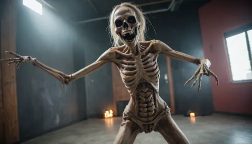 ((full body view, wide angle view)), woman, skeletal monster costume, tiktok dance, gnashing teeth, horror, doomscrolling, Gen Z, <lora:nudity_v02_i1300:.5>