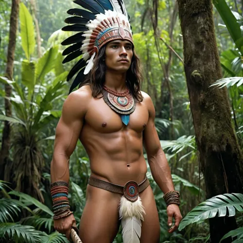 20 year old aztec warrior, fit lean body, standing in the jungle, mostly nude, body paint, feather head dress, long hair, very large penis uncut hanging down from loin cloth, flaccid big perfect round meatus, ((realistic penis))