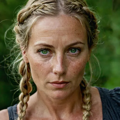Guénola, german, 45 years old, MILF, blond hair, one loose braid on shoulder, natural green eyes, light freckles on nose and cheeks, full head portrait