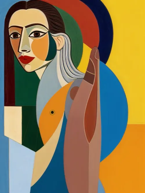 Painting, nude hermaphrodite painted by Picasso, adult, cubist period more than 33 years old, dressed in a open cubist robe, completely integrated in painting, (full body view, full hermaphrodite view, visible face:1.5), bizarre cubits face, visible genitals, ((visible penis:1.5)), (perfect penis:1.3), ((penis long more than 8 inches:1.5)), erect-futa, erect-penis, woman, long penis, Paint, Texture, Creature, ShemaleQuiron, Style, shemale, Quiron, Shemale, Penis, flaccid, erect, veiny, penis, futanari, erection, testicles, large, Pablo, Picasso, <lora:quiron_ShemaleStyle_v4_Lora:.9>, <lora:BetterCocks:.9>, <lora:Background_Detail_v3:.6>, <lora:more_details:.6>, <lora:futaveiny6:.5>, <lora:tbh296-:.5>