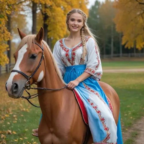 russian 18yo girl in park garden, ((wearing Russian national kaftan, kokoshnik, white, beige, blue, red, light blue)), ((skinny body, small breasts, pussy, long thin legs, narrow waist, braided blonde hair, thin face)), ((riding a horse at high speed, look forward, joyful, smiling, windy hair, windy wearing)), ((full body)), partially nude, bottomless, no panties, masterpiece, professional photo, high quality, high quality photo, style of V. Vasnetsov, russian village, ancient russia, khokhloma, gzhel, highres, extremely detailed, 8k photo, best quality, realistic, erotic, photorealistic, photo, photography, detailed, in focus, UHD 8k focus