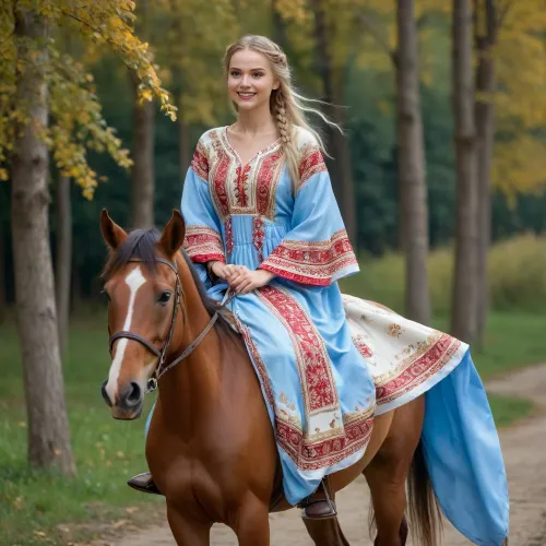 russian 18yo girl in park garden, ((wearing Russian national kaftan, kokoshnik, white, beige, blue, red, light blue)), ((skinny body, small breasts, pussy, long thin legs, narrow waist, braided blonde hair, thin face)), ((riding bay horse at high speed, look forward, joyful, smiling, windy hair, windy wearing)), ((full body)), partially nude, bottomless, no panties, masterpiece, professional photo, high quality, high quality photo, style of V. Vasnetsov, russian village, ancient russia, khokhloma, gzhel, highres, extremely detailed, 8k photo, best quality, realistic, erotic, photorealistic, photo, photography, detailed, in focus, UHD 8k focus