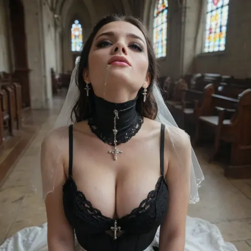 30 year old woman being throat fucked while wearing a wedding dress in a church, ((gothic church)), (beautiful elegant satin amd lace wedding dress. Cleavage), viewer looking down on woman, (sword_swallowing_position), photography, canon 5D, perfect anatomy, masterpiece, highres, high resolution, incredible detail, ((throat bulge)), ((cum on face)), ((cum in cleavage)), ((cum on torso)), ((cum between thighs)), deepthroat, kneeling, (bedroom background:1.2), (thick thighs:1.2), (huge testicles)