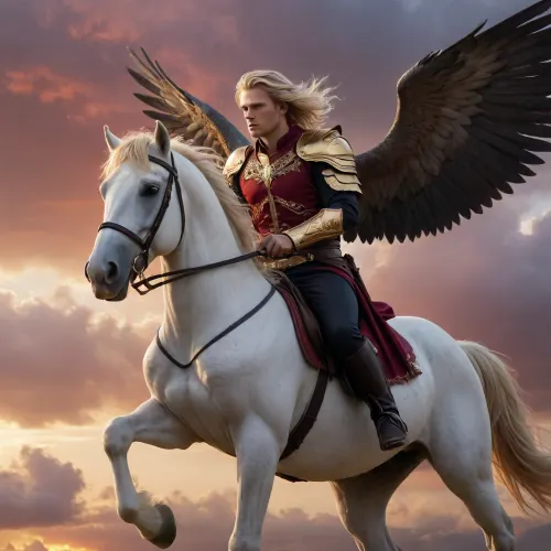angel wings, male hero, shoulder-length blond hair, sky-colored eyes, riding a stallion, right hand, beautiful long fingers on the horse's rump, scepter in hand, anger, storm, crimson sunrise, against the clouds, high visualization, detailed background