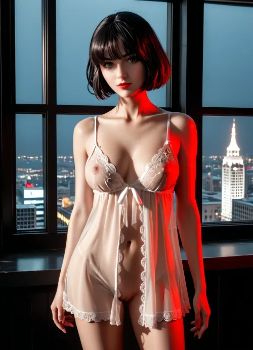 Girl in noir style, standing at the window in a dark room, looking at the night city. dressed in a transparent lace open negligee, you can see the naked body, red butt, gorgeous breasts, perfect, anatomically correct hands. Background, city lights and silhouettes of buildings. Style, noir, drawn in black and white colors, <lora:FluxDFaeTasticDetails:.5>