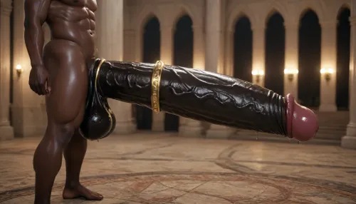 ((solo dark black male)), genital closeup, dark black cock in focus, (porn lighting, penis jewelry), (ultradetailed veiny texture), oiled, black skin, erect, penis curved upwards, arched tip, ((hyper gigantic black penis)), (side view), (red details), (bulbous veins), ((huge thick luxurious wide cock ring)), muscular dark thighs, ((massive black penis, dark, sophisticated lair, demonic themes)), (luxurious lush lube oil over the penis, wet penis), hyper dark black dick, pentagram, domination, (girthy huge cock revealed, enormous black dick, phallic details, dark hung african, exquisite phallus, solo), darkx, (oily, dark skin, saggy balls, visible detailed balls, fantastical creative phallus), (dark luxury, sexual anticipation), volume effect, nightly
