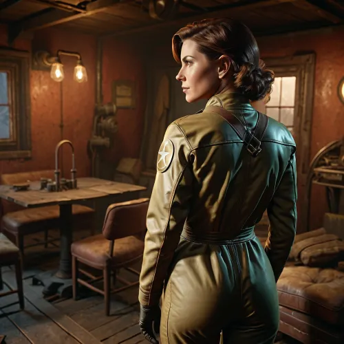Fallout 4, woman, Nora wearing the 111 refuge jumpsuit, back side view, full body, <lora:FalloutCinematic:.5>