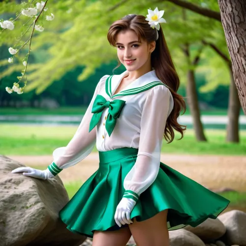 Sailor Jupiter from Sailor Moon, solo, very beautiful young girl, ponytail brown hair, perfect detailed green eyes, ((full body)), (((side view body))), trees, flowers and stones, white gloves, white blouse, ((green color silk micro skirt)), (waving and smiling at the viewer), <lora:sailor_jupiter_animaginexl_v2:.5>