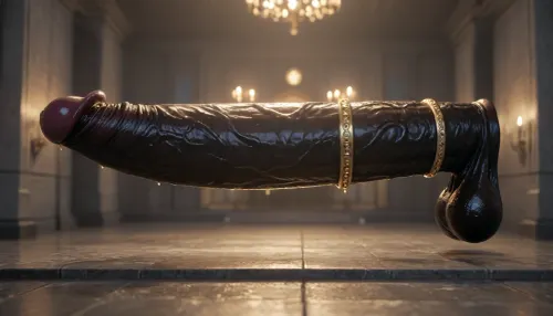 ((solo very-dark black male)), genital closeup, dark black cock in focus, (porn lighting, penis jewelry), (ultradetailed veiny texture), oiled, black skin, erect, penis curved upwards, arched tip, ((hyper gigantic black penis)), (side view), (bulbous veins), ((huge thick luxurious wide cock ring)), muscular dark thighs, ((giant wide massive black penis, dark, red details, sophisticated lair, demonic themes)), (luxurious lush lube oil over the penis, wet penis), hyper dark black dick, pentagram, domination, (girthy huge cock revealed, enormous fat black dick, phallic details, dark hung african, exquisite phallus, solo), darkx, (oily, dark skin, saggy balls, (balls fully visible), fantastical special phallus), (dark luxury, sexual anticipation), volume effect, nightly
