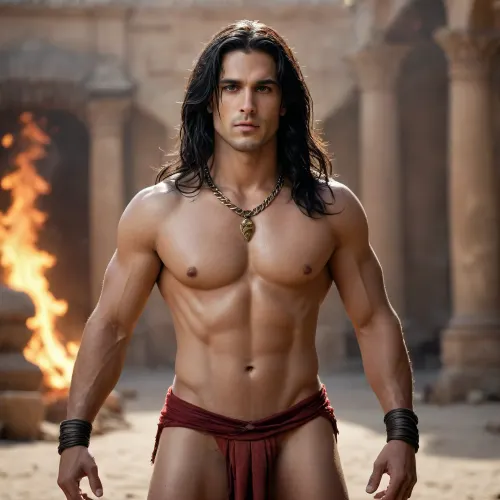 centaur, stern man, fiery gaze, long black hair, naked torso to the waist, necklace of teeth on his chest, loincloth, detailed background, cinematic environment, high visualization
