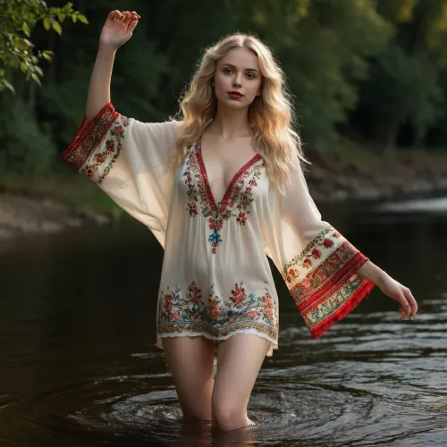 25yo girl in forest river, sunny day, ((topless, no panties, wearing Russian national kaftan, kokoshnik, white, beige, blue, red, green)), ((slim body, medium saged breasts, pussy, long thin legs, narrow waist, long wavy disheveled blonde hair, long face, dark red lips)), (((half-body view, close-up))), ((dancing, feet-deep in water)), partially nude, bottomless, no panties, masterpiece, professional photo, high quality, high quality photo, style of V. Vasnetsov, russian village, ancient russia, khokhloma, gzhel, highres, extremely detailed, 8k photo, best quality, realistic, erotic, photorealistic, photo, photography, detailed, in focus, UHD 8k focus