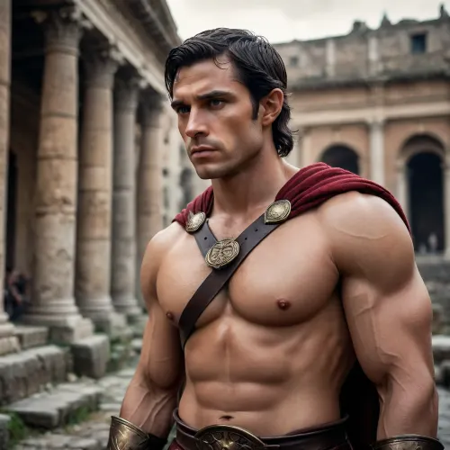 Half-elf dark-haired, strong, muscular, on the background of ancient Rome, detailed background, cinematic environment, high visualization