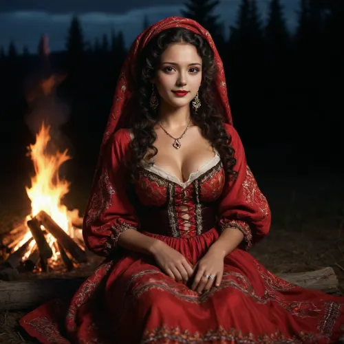 Gypsy woman with a pronounced gypsy appearance, dressed in a traditional gypsy dress with bright patterns, sitting by the fire in the night forest. Laughing, with bright features, dark skin, eyes Large, thick red lips, expressive, black, Look deep, with a touch of mystery. Wide, bushy eyebrows of natural shape, full red lips, emphasized by bright red lipstick. Thick medium curly hair of dark brown color. Long, puffy skirt of bright colors, unbuttoned blouse, loose cut, with embroidery, lace or shiny elements. Bilye jewelry, large earrings, bracelets, rings, beads. Bright scarf tied on the head. On the feet of boots with bright embroidery. Her blouse is unbuttoned, showing a large beautiful breasts, lewd, sexy, liberated pose, Background, dark sky with aurora borealis and flickering lights of the fire.