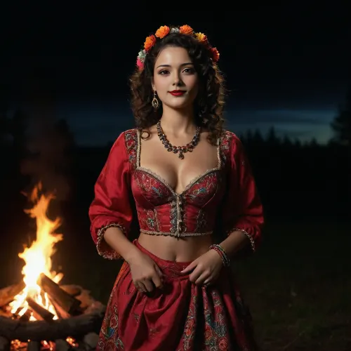 Gypsy woman with a pronounced gypsy appearance, dressed in a traditional gypsy dress with bright patterns, standing by the fire in the night forest. Laughing, with bright features, dark skin, eyes Large, thick red lips, expressive, black, Look deep, with a touch of mystery. Wide, bushy eyebrows of natural shape, full red lips, emphasized by bright red lipstick. Thick medium curly hair of dark brown color. Long, puffy skirt of bright colors, unbuttoned blouse, loose cut, with embroidery, lace or shiny elements. Bilye jewelry, large earrings, bracelets, rings, beads. Bright scarf tied on the head. On the feet of boots with bright embroidery. Her blouse is unbuttoned, showing a large beautiful breasts, lewd, sexy, liberated pose, Background, dark sky with aurora borealis and flickering lights of the fire.