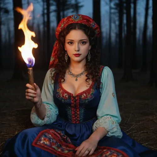 Gypsy woman with a pronounced gypsy appearance, dressed in a traditional gypsy dress with bright patterns, laying on back by the blue fire in the night forest. serious face, with bright features, dark skin, eyes Large, thick red lips, expressive, black, Look deep, with a touch of mystery. Wide, bushy eyebrows of natural shape, full red lips, emphasized by bright red lipstick. Thick medium curly hair of dark brown color. Long, puffy skirt of bright colors, unbuttoned blouse, loose cut, with embroidery, lace or shiny elements. Bilye jewelry, large earrings, bracelets, rings, beads. Bright scarf tied on the head. On the feet of boots with bright embroidery. Her blouse is unbuttoned, showing a large beautiful breasts, lewd, sexy, liberated pose, Background, morning sky with aurora borealis and flickering lights of the blue fire. Side pov. Holding fire torch on her head.