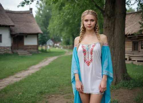 russian girl showing pussy in park garden, (wearing Russian national costume, kokoshnik, sarafan, kaftan, rubakha, kosovorotka, partially nude, bottomless, no panties, pussy, visible pussy), full body view, (slim body, small perky tits, pussy), braided blonde hair, masterpiece, professional photo, high quality, high quality photo, style of V. Vasnetsov, ancient russian village