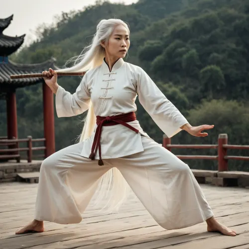 cHINESE kUNG fU maSTER, woman, China, Year 1800, Dynamic pose, long white hair, full body view, training with a wooden stick