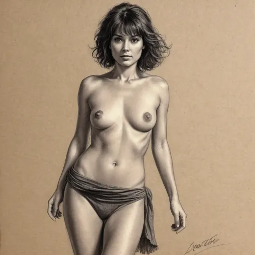 a drawing of a woman, 40 yo, brunette with a fringe, very small tits, one piece sarong, frizzy hair, cut leg, skin exposure, detailed but rough, sketches, detailed sketch, rough sketch, old sketch, sketch art, detailed penciling, matte sketch, highly detailed sketch, sketches wide angle view, realism, charcoal, drawing, <lora:EldritchCharcoalXL1.1:.5>