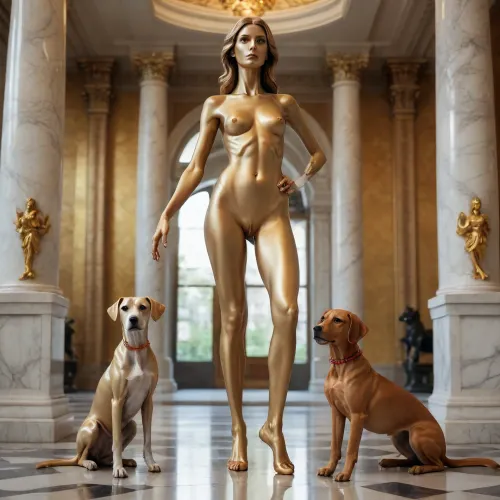Marble Statue tall skinny woman long legs skinny, gold flame, two dogs