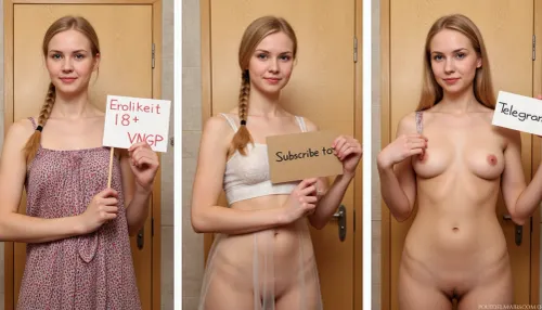 side-by-side three pictures of a young Norwegian, slim, woman, with blonde hair, french braid, standing in front of an bathroom door at a restaurant. On the first picture on the left she wears a summerdress, and holds a handmade sign with text "Erolikeit 18+ VNGP". On the second picture in the middle she wears a transparent dress, see-thru dress, and holds a handmade sign with text "Subscribe to". On the third picture on the right she is completely naked, nude, and holds a handmade sign with text "Telegram".